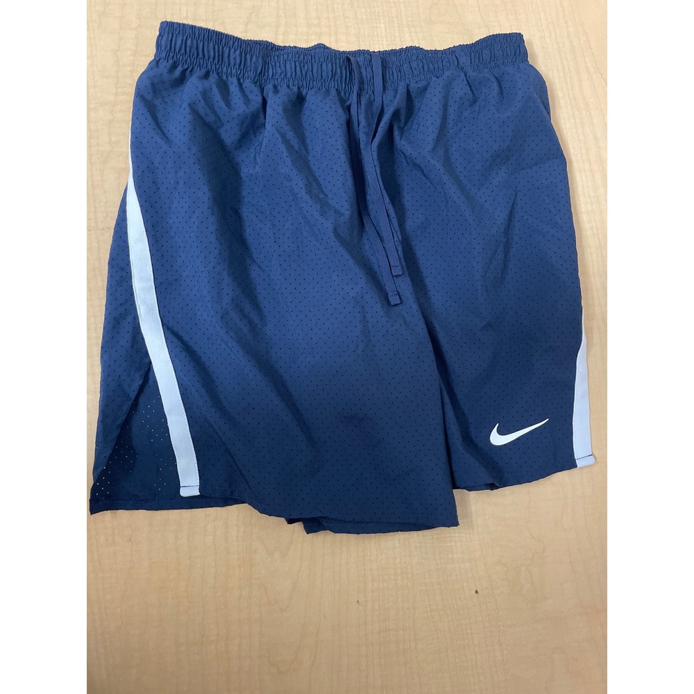 Nike Dri-FIT Mens Navy Blue Mesh Running Shorts Medium White Stripe Swoosh